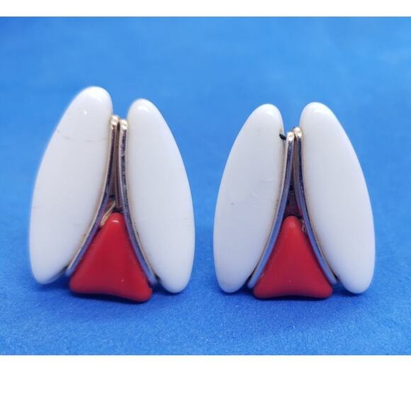 Vintage Earrings White & Orange Wired Clip West Germany Mid Century Retro 1950s - Picture 3 of 7